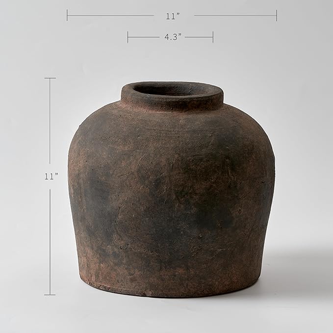 LB2 Brown Ceramic Large Vase, 11" Tall Zen Style vase, Terra Cotta Pitcher, Distressed Farmhouse Decor, Pottery Decorative Flower for Home Decor (B - Brown 11")
