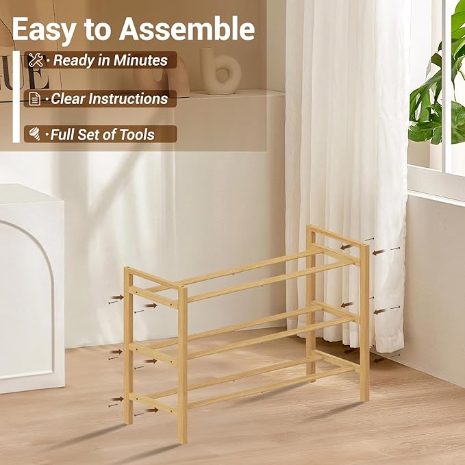 Haddockway Bamboo Shoe Rack for Closet, Free Standing Shoe Organizer with Smooth Round Rods & Convenient Handles, Stackable Shoe Storage Shelf for Entryway, Hallway(Natural, 3-Tier)