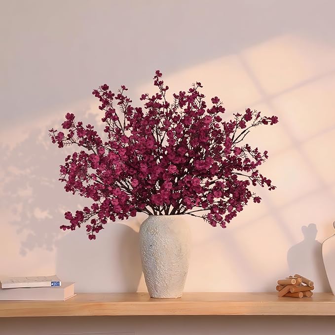 Yastouay Fake Fall Flowers Real Touch Silk Flowers, 5Pcs Fall Burgundy Artificial Flowers for Decorations, Babys Breath Artificial Flowers Bulk for Thanksgiving Fall Decor Floral Arrangement