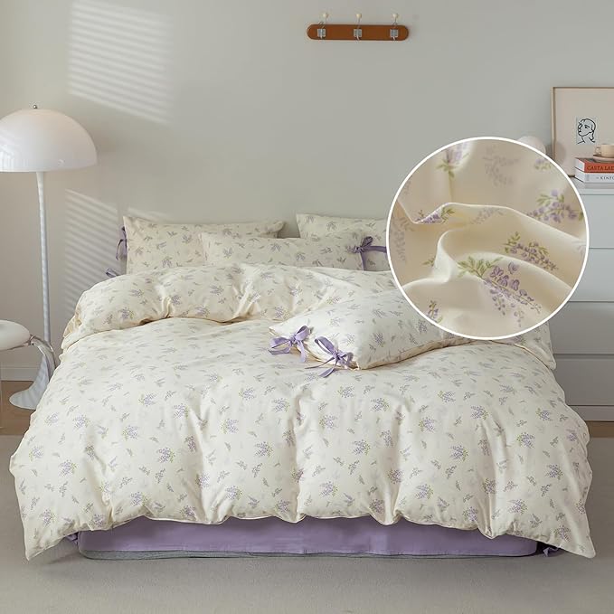 Purple Floral Duvet Cover Queen 3 Piece Cotton Flower Botanical Duvet Cover Vintage Style Lilac Floral Comforter Cover Girls Cottagecore Bedding Sets 1 Queen Duvet Cover with 2 Bow Ties Pillowcases