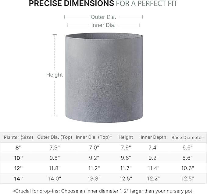 FaithLand 8 Inch Fiberstone Planter - Lightweight Modern Cylinder Plant Pot with Drainage Hole & Plug, Authentic Concrete Look, Gray