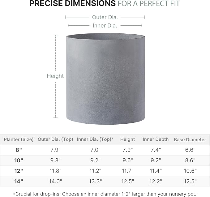 FaithLand 10 Inch Fiberstone Planter - Lightweight Modern Cylinder Plant Pot with Drainage Hole & Plug, Authentic Concrete Look, Gray