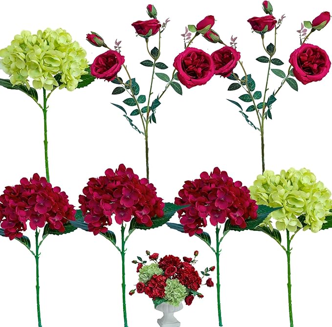 6PCS Premium Red Hydrangea Artificial Flowers Bouquets, Red Silk Hydrangea Flowers Heads with Stems, Fake Hydrangeas Flowers Arrangement, Faux Hydrangea Decor for Home Wedding Party Baby Shower
