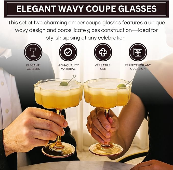 Flower Scalloped Vintage Wavy Petals Wave Glass Coupes 7oz Colorful Martini, Champagne & Cocktails, 2 Set Amber Rippled Champagne Glasses, Elegant Bar Glassware, Unique Aesthetic Coupe Glassware Gifts