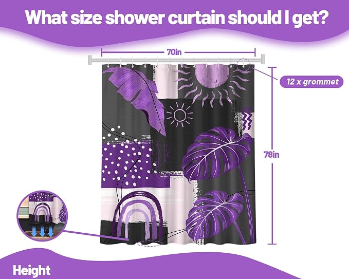 Purple and Gray Mid Century Modern Shower Curtain Bohemian Abstract Dark Purple and Grey Shower Curtains for Bathroom Decor Sets, Waterproof Cloth Fabric with Hooks, 70x78 Inch