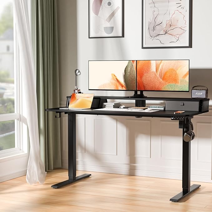 Electric Standing Desk with 2 Drawers 55''x 24'' Adjustable Height Sit to Stand Up Desk with Storage Shelf, C-Clamp Mount Compatible Black Home Office Desks Computer Gaming Table Ergonomic Workstation