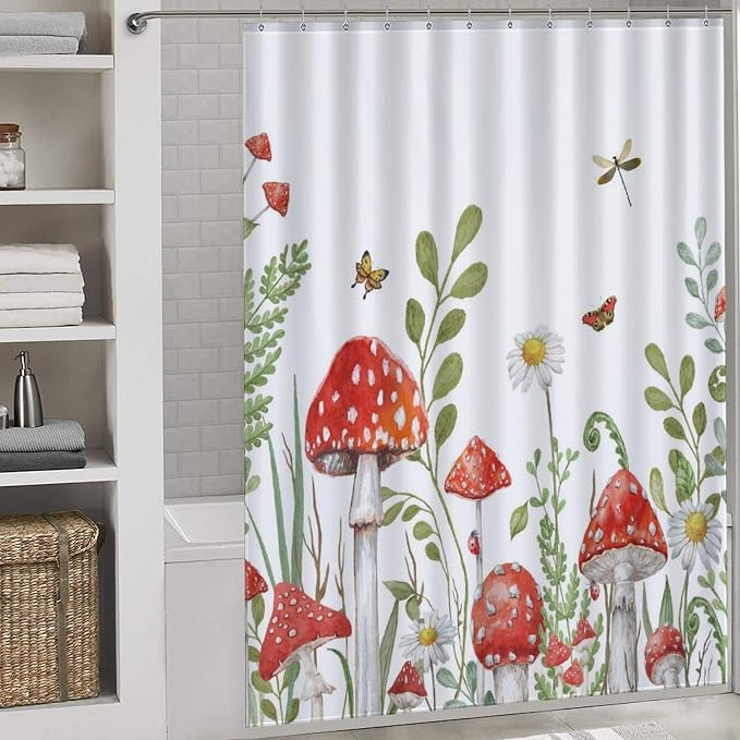 Mushroom Shower Curtain, Rustic Sage Green Botanical Vintage Mushroom Wildflower Forest Plants Herbs Farmhouse Country Waterproof Fabric Bathroom Shower Curtain Set with Hooks, 72"x84" Inch