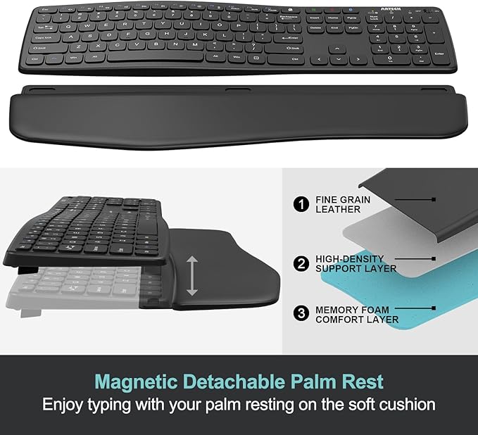 Arteck Multi-Device Comfortable Wireless Bluetooth Keyboard with Nano USB-A, USB-C Type C Receiver Palm Wrist Rest Full Size Keyboard for Windows iPad OS Android, Computer Desktop Laptop PC Tablet