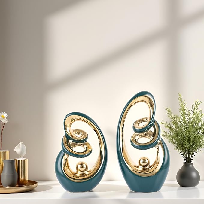 Teal Ceramic Abstract Sculpture Statue,Mid Century Modern Gold Accent Decor,Porcelain Statues Art Deco Gold Show Piece for Home - Contemporary Tv Stand End Table Centerpieces (Green Gold)