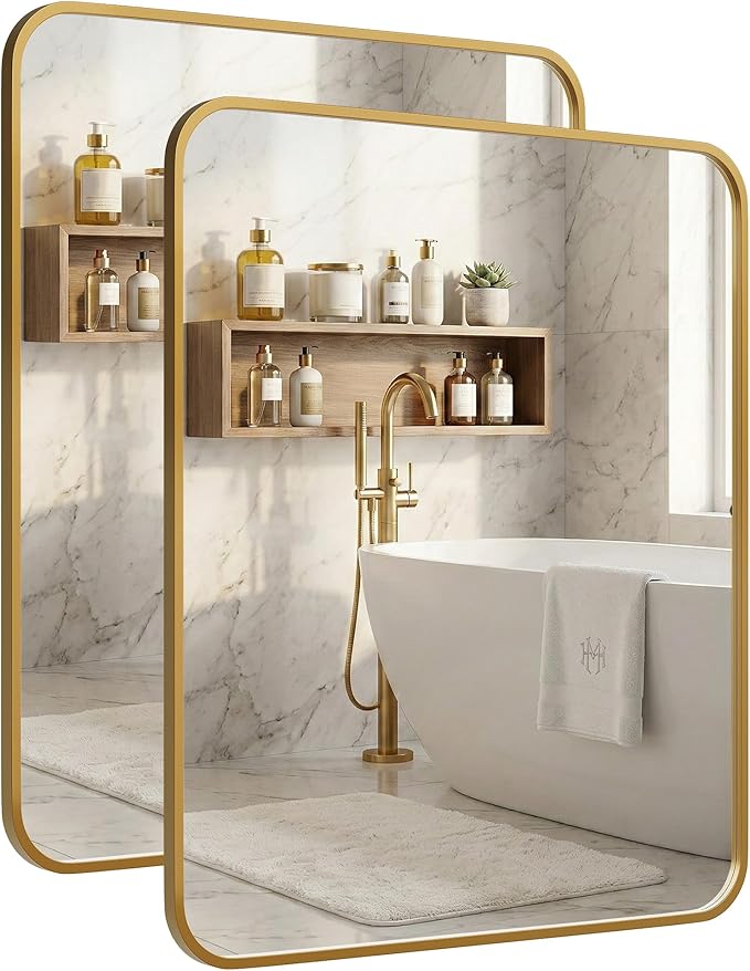 2-Pack 24x30 Inch Antique Gold Bathroom Vanity Mirrors | Flush Mount Deep Set Metal Wall Mirror for Over Sink | HD Shatterproof Glass, Rustproof