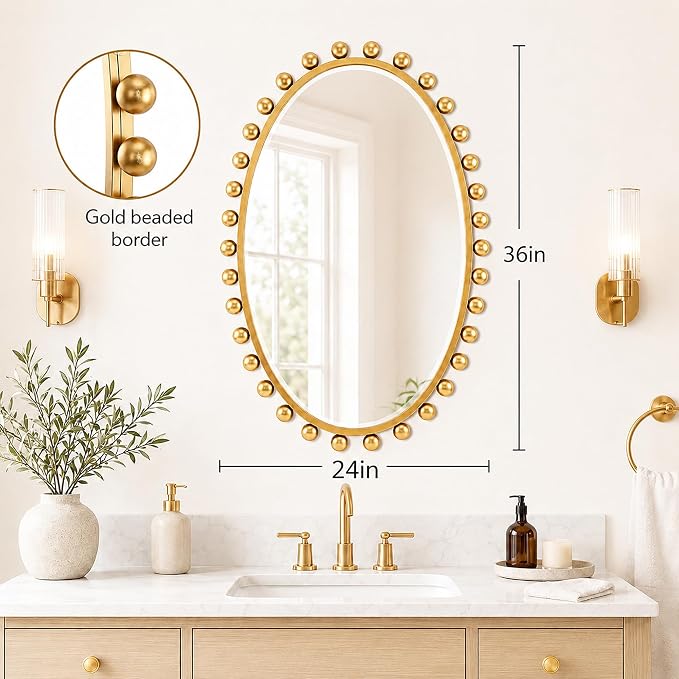 24"x36"Oval Wall Mounted Bathroom Mirror with Beveled Glass, Antique Gold Beaded Ball Frame, Vertical & Horizontal Hanging Vanity Wall Mirror for Bathroom, Bedroom, Entryway, Dressing Room