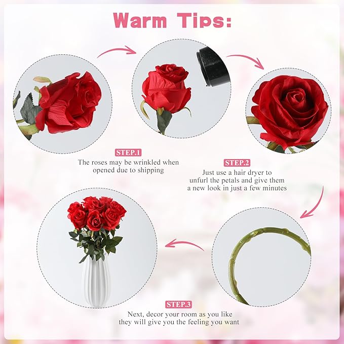 Kisflower 8 Pcs Red Roses Artificial Flowers with Stems Silk Roses Fake Rose Realistic Flower Bouquet for Wedding Party Office Home Decor (Red)