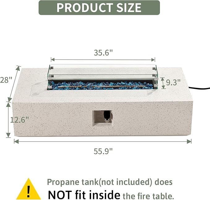 COSIEST Outdoor Propane Fire Pit Table, 56-inch x 28-inch Rectangle Terrazzo White Concrete-Like Finish, Certified, 50,000 BTU Stainless Steel Burner w Blue Fire Glass, Wind Guard, Raincover