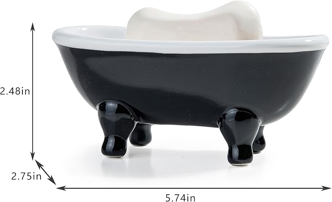 5.7" Ceramic Mini Clawfoot Bathtub Bar Soap Dish, Decorative Bar Soap Holder for Shower, Bathroom & Kitchen Sink (Black)