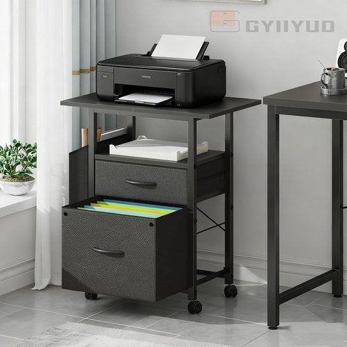 GYIIYUO 2 Drawer File Cabinet - Mobile Rolling Filing Cabinet with Extended Desktop & Side Bag - Black