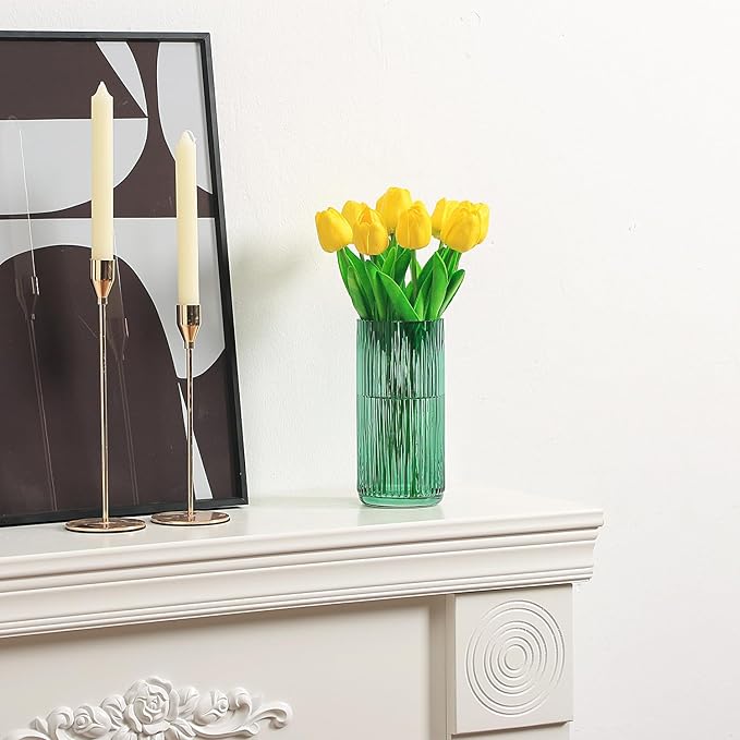 Ribbed Glass Vase, Flower Vases for Bouquet, Green Glass Vases for Flowers, Modern Ribbed Vase for Living Room, Bathroom, Dining Table, Office, Wedding, Centerpieces, 8 Inches