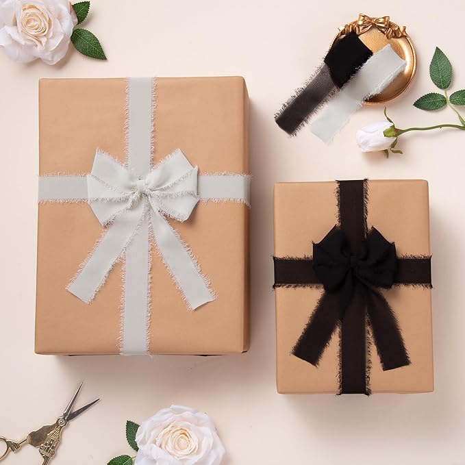 DORIS HOME Light Gray Chiffon Ribbon for Flower Bouquet, 1" x21Yd Fabric Ribbon for Gift Wrapping, Handmade Frayed Ribbon for Wedding Invitations/Christmas Decorations