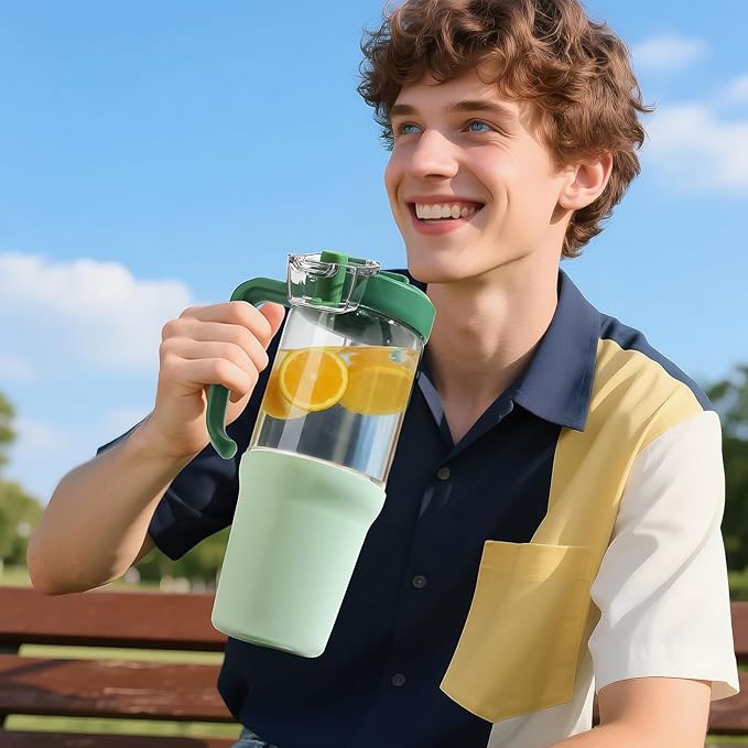 32oz Glass Water Bottle, 2-in-1 Straw and Sip Spout Lid, Leakproof Wide Mouth Tumbler with Handle, BPA-Free Reusable Bottle for Sports, Office, Outdoor, Light Green