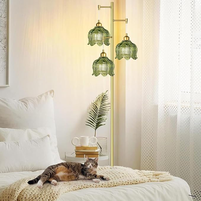 QIYIZM Gold Floor Lamp for Living Room,Bedroom,Mid Century Modern Standing Lamp Brass Tree 3 Light Tall Floor Lamps Vintage Retro Floor Lights Glass Green Flower Lamp Shade Farmhouse Boho Bohemian
