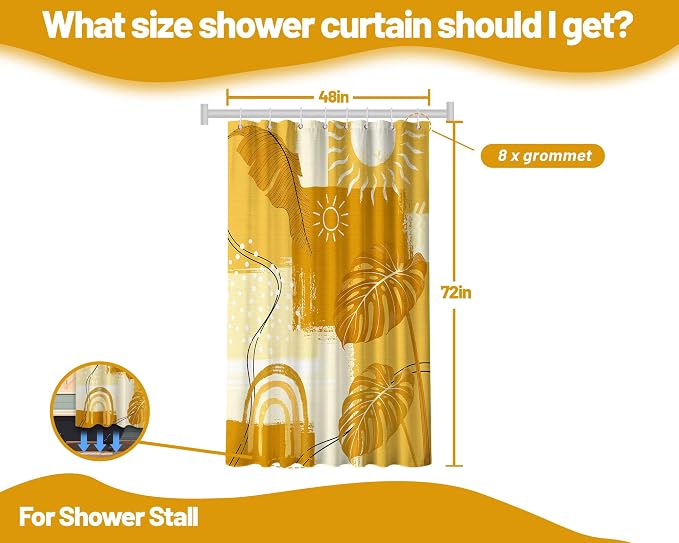 Small Stall Shower Curtain Rv Mustard Yellow Boho, 48 x 72 Inchs | for Camper Stand Up Shower, Modern Pattern Design, Narrow Bathroom Decor Sets Waterproof Cloth Fabric, with Hooks
