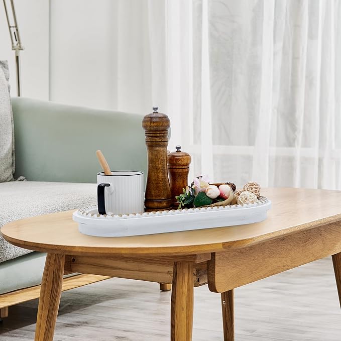 Wood Serving Tray, Wooden Bead Decorative Tray, White Washed Coffee Table Tray for Ottoman, Rustic Distressed Decor for Home, Kitchen, Farmhouse (White)