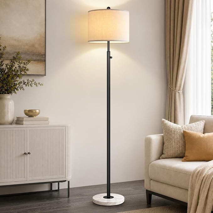 Nintiue Dimmable Floor Lamp for Living Room, 11W LED Bulb Included, Modern Standing Lamp with Marble Base, Tall Pole Light with White Linen Shade for Bedroom Reading Office Corner Nursery-Black