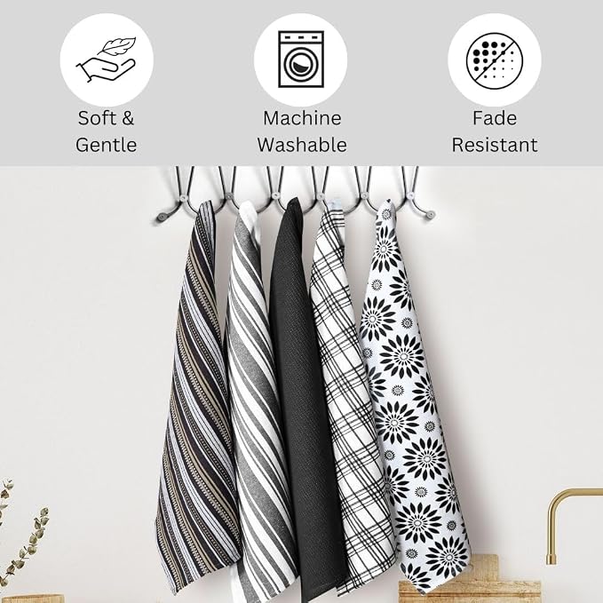 Assorted Kitchen Towels Large 16x26 Inch 100% Cotton Set of 5 - Dish Cloths Towels with Hanging Loop - Soft Absorbent Washable Tea Towels for Kitchen - Quick Drying Dish Towels Black