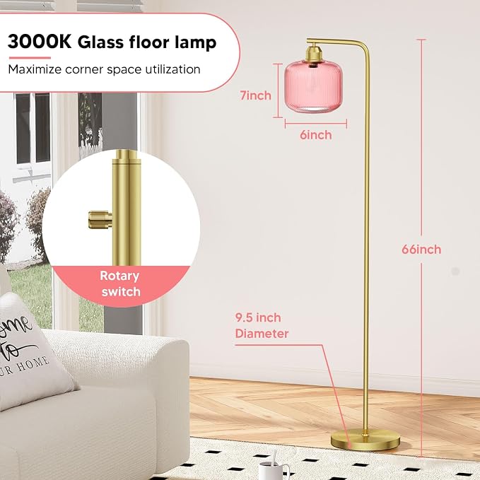 Glass Floor Lamp for Living Room, Modern Standing Lamp with Pink Ribbed Glass Lampshade&Brushed Gold, Stepless Dimmable and Rotary Switch, 66” Tall Lamp & Gold Floor Lamp for Bedroom Study Room, Pink