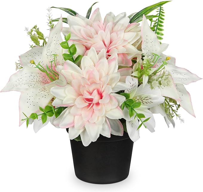 Pink Artificial Flowers Small Fake Flowers in Vase Peonies Dahlia Tiger Lily Potted Silk Flower Arrangements Faux Plants & Flowers Home Bathroom Kitchen Table Centerpieces Desk Decor