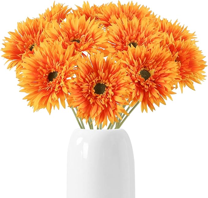 12pcs Artificial Gerbera Daisies 17.7’’ Orange Fake Daisy Flowers Faux Silk Flowers with Stems for Wedding Home Kitchen Party Garden Indoor Decoration(Orange)