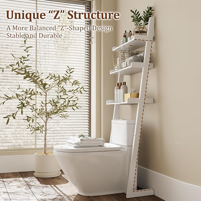 Over The Toilet Storage Shelf Wood, 3-Tier Above Toilet Organizer Rack, Freestanding Above Toilet Shelf for Bathroom, Laundry, Space Saver, White Color.
