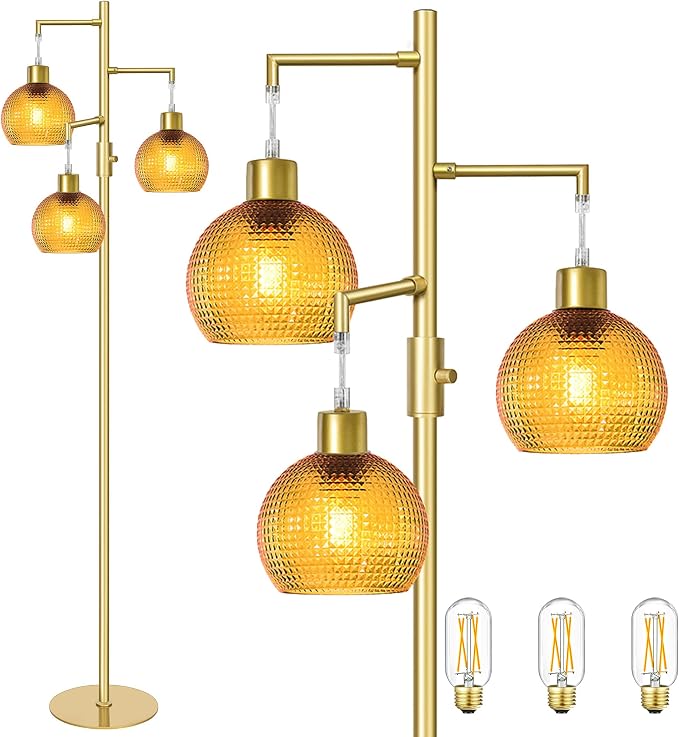 Modern Floor Lamp for Living Room, Mid Century Standing Tree Lamps with Orange Glass Shade, Dimmable 3 Lights Tall Lamp, 3 x 600LM LED Edison Bulbs Included