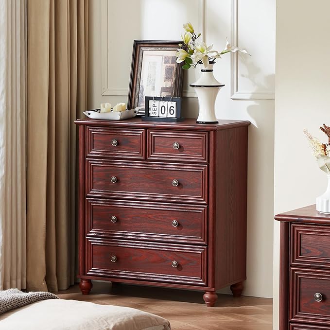 Farmhouse 5 Drawer Dresser Set of 2, Chest of Drawers for Bedroom, 35.5" Tall Dresser with Roman Column, Rustic Wood Storage Dressers Organizer for Living Room, Hallway, Closet(Red Oak)