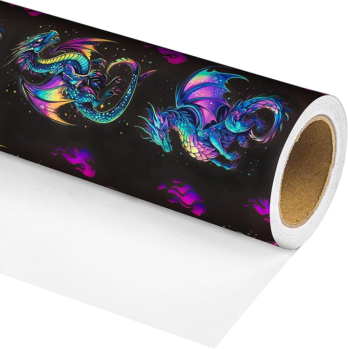 Altarho Dragon Wrapping Paper Roll for Kids Boys Women Men - Neon Dragon Print Mythic Gift Wrap Sheets for Birthday Adult Anime Party Supplies Total 28.5sq.ft