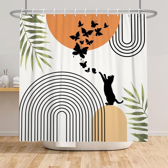 Mid Century Cat Shower Curtain Abstract Boho Geometric Minimalist Black Cat Butterflies Green Leaf Aesthetic Shower Curtain for Bathroom Decoration Accessories with Hooks 72x84 inch