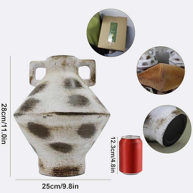 Ceramic Flower Vase, 11 inch Large Rustic Decorative Vases for Centerpieces, Farmhouse Vintage Vase for Home Decor, Dining Table, Living Room,Kitchen, Shelf (White&Brown)