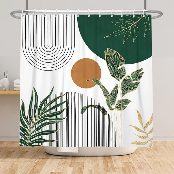 Mid Century Boho Modern Shower Curtain for Bathroom Abstract Sun Arch Geometric Leaves Minimalist Shower Curtain Set Waterproof Polyester Fabric 72x96 Inches
