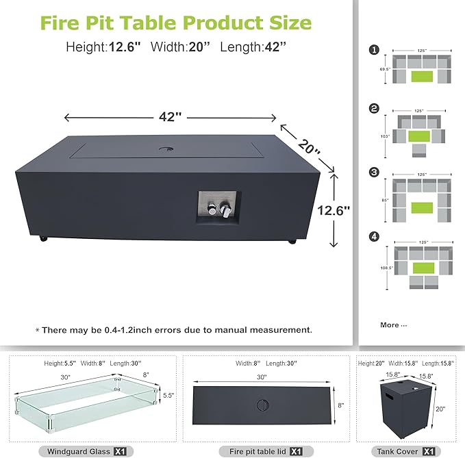 2-Piece 42" LED Rectangular Propane Fire Pit for Outside Patio with Hidden Tank Table, 50,000 BTU Fireplaces with Glass Wind Guard, Lid, Glass Rocks, Cover(Black w/RGB Light)
