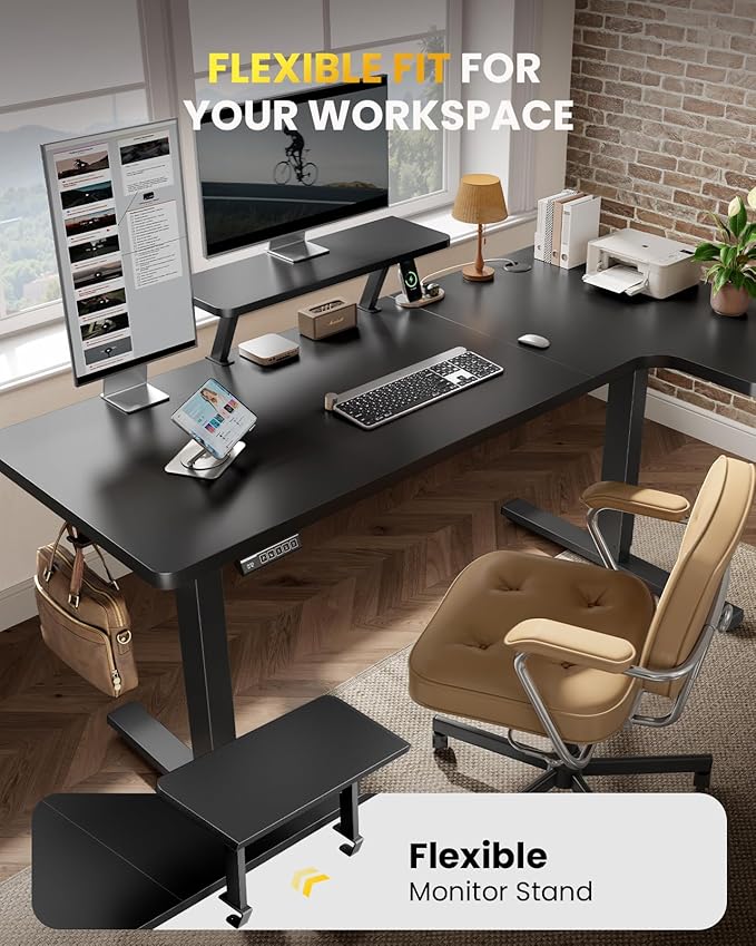 L-Shaped Standing Desk - 63 Inch Adjustable Corner Standing Desk with Flexible Monitor Stand, Electric Sit Stand Computer Table with Memory Controller for Home Office