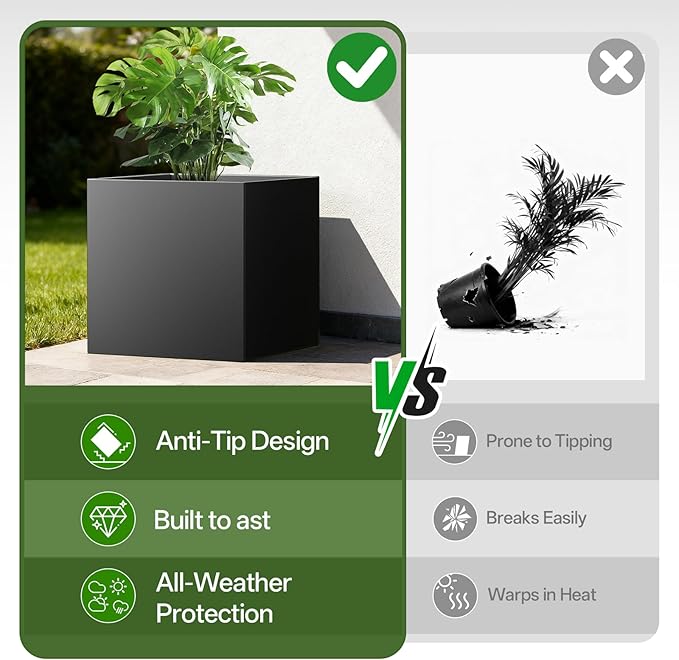 Metal Planter Box, 20" x 20"x 20", Heavy-Duty Galvanized Steel Outdoor Planter with Drainage Holes, Rectangular Planter for porches, Gardens, patios, and courtyards，Black