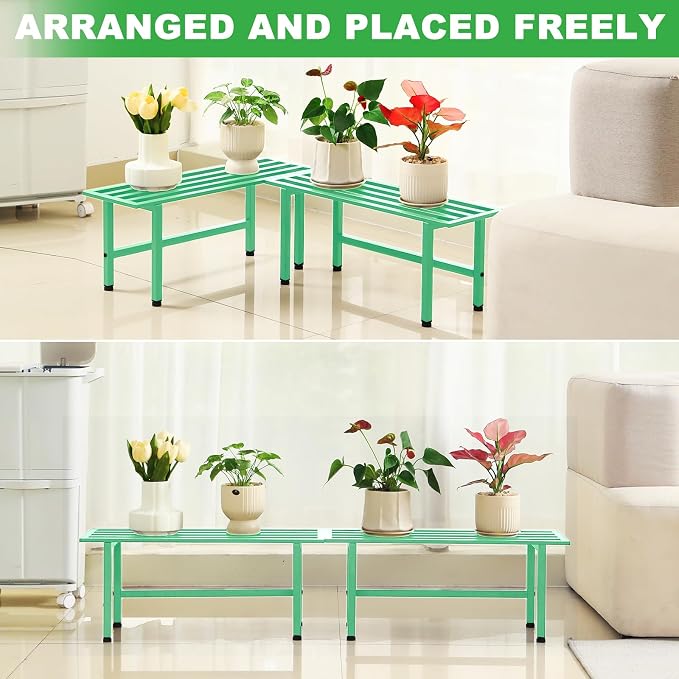 Dipion 2 Pack Metal Plant Stand Outdoor Plant Shelf Indoor,1 Tier Heavy Duty Plant Stands for Multiple Plants,26" L x 10.12" H x 8.75" W,Mint Green