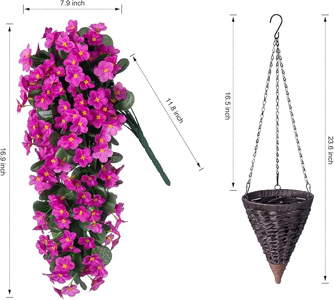 Artificial Faux Silk Hanging Flowers Plants Baskets for Outdoor Outside Spring Summer Decoration, Fake UV Resistant Look Real Fuchsia Orchid Trailing Vines for Porch Patio Home