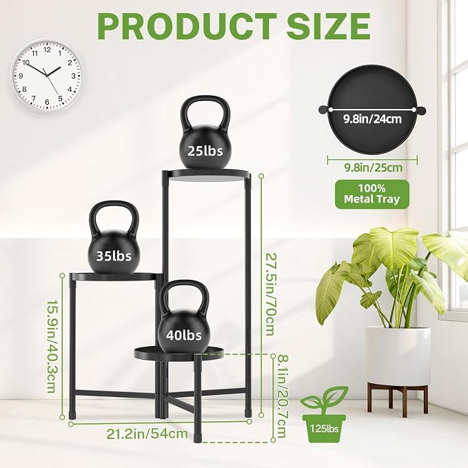 iDavosic.ly 3 Tier Large Plant Stand Indoor with 10 Inch Wide Tray, Tiered Corner Metal Outdoor Flower Display Holder Shelf, Folding Tall Rack for Patio Porch Living Room, Modern Black