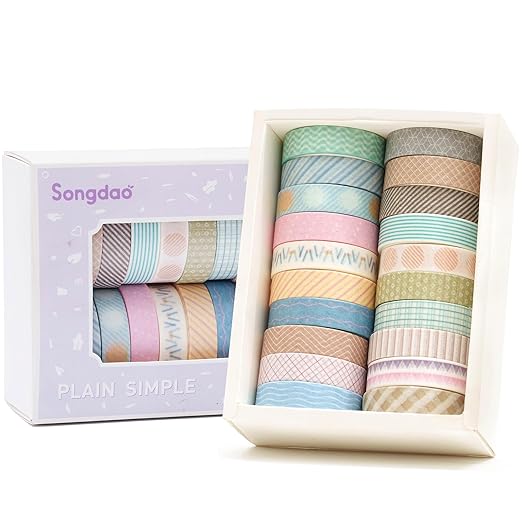 Songdao 20 Rolls Basic Washi Tape Set Japanese Arts Adhesive Tapes Simple Patterns Decorative Masking Tape Sets for Craft, Kids, Scrapbook, DIY, Gift Wrapping (Style Two)