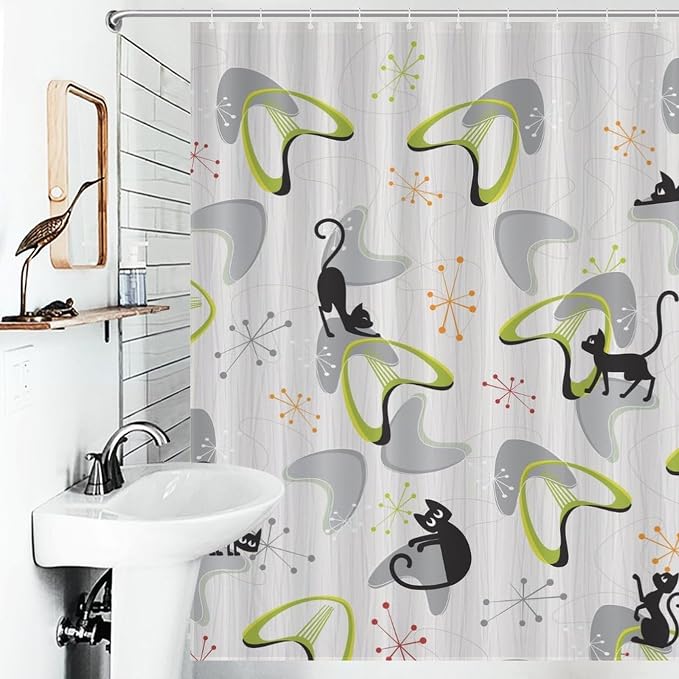 Mid Century Shower Curtain for Bathroom, Retro Geometric Modern Black Cat Abstract Atomic Pattern Lovely Kittey Rustic 1950s 1960s Grey Waterproof Fabric Shower Curtain Set with Hooks72"x84" Inch