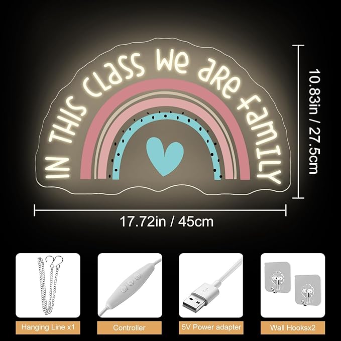 In This Class We Are Family Neon Sign, Back To School Gift, Classroom Decor, Teacher Gift Welcome Wall Decor, Cute Rainbow Sign, Reading Corner Decoration, Opening Season Theme Party Props
