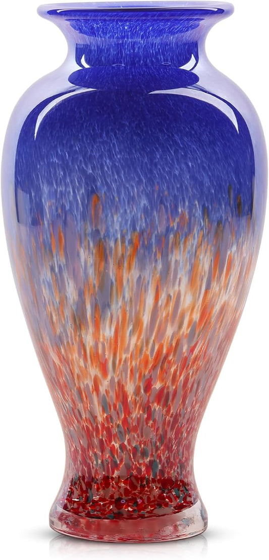 11.8" Tall Blue Glass Vase Beautiful Hand Blown Glass Vase Modern Art Home Decor, Wide Mouth Colorful Vases for Mantle Dining Table Centerpiece, Entryway Living Room Wedding Decoration