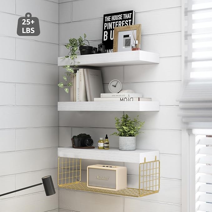 QEEIG Bathroom Shelves Over Toilet - Wall Mounted Floating Shelves Toilet Paper Storage Small Modern Decor Shelf 16 inch Set of 3, White and Gold (019-WG3)
