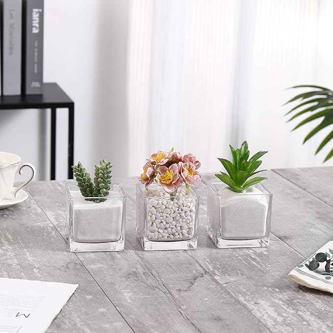 Square Flower Vases Set of 9, 3"x 3"x 3" Glass Vases for Centerpieces, Clear Vase for Flowers, Small Vase for Wedding, Party, Home Office Decoration