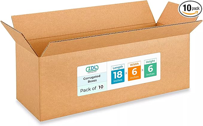 IDL Packaging - B-1866-10 Long Corrugated Shipping Boxes 18"L x 6”W x 6"H (Pack of 10) - Excellent Choice of Strong Packing Boxes for USPS, UPS, FedEx Shipping